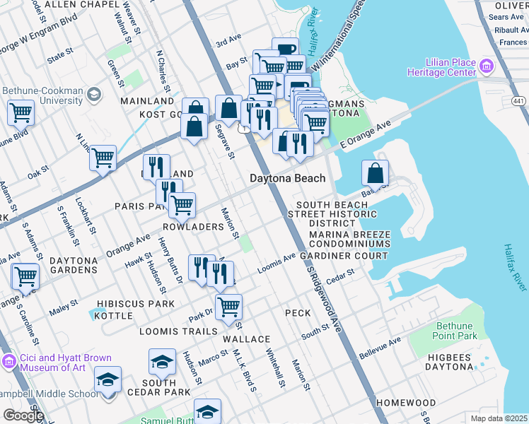 map of restaurants, bars, coffee shops, grocery stores, and more near 325 South Segrave Street in Daytona Beach