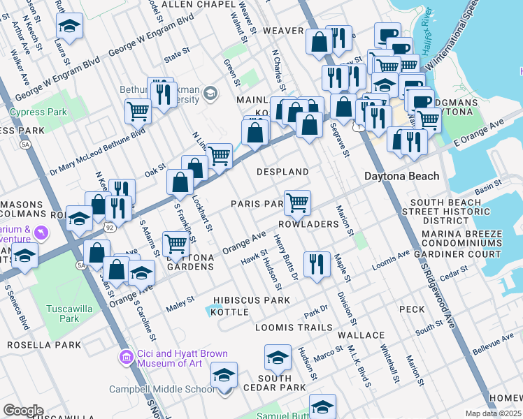 map of restaurants, bars, coffee shops, grocery stores, and more near 638 Cherry Street in Daytona Beach