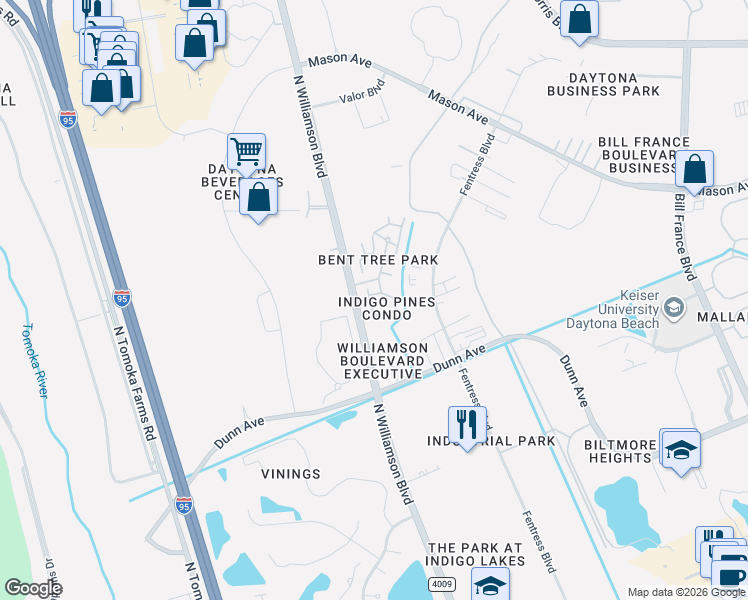 map of restaurants, bars, coffee shops, grocery stores, and more near 99 Bent Tree Drive in Daytona Beach
