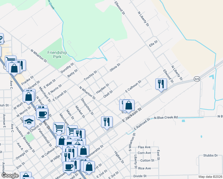 map of restaurants, bars, coffee shops, grocery stores, and more near 1001 Otell Street in El Campo