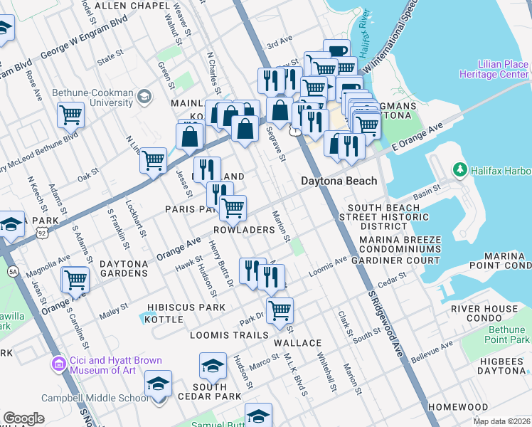 map of restaurants, bars, coffee shops, grocery stores, and more near 529 Orange Avenue in Daytona Beach