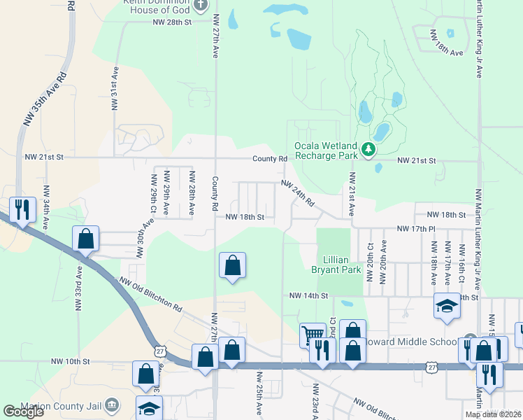 map of restaurants, bars, coffee shops, grocery stores, and more near 1805 Northwest 25th Avenue in Ocala