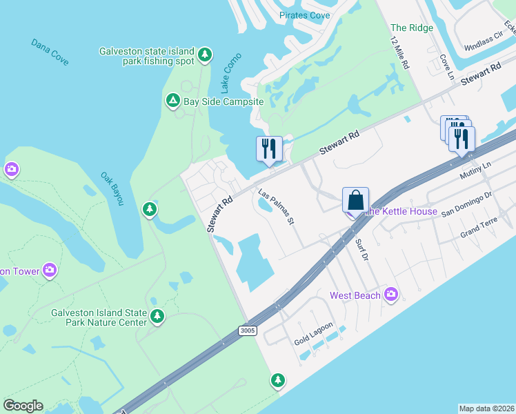 map of restaurants, bars, coffee shops, grocery stores, and more near 3707 El Lago in Galveston