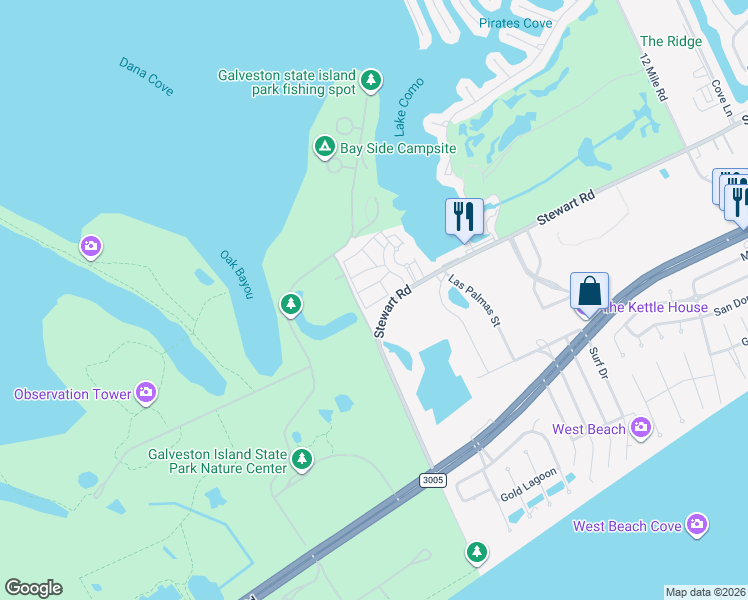 map of restaurants, bars, coffee shops, grocery stores, and more near 14518 Kendall Lane in Galveston