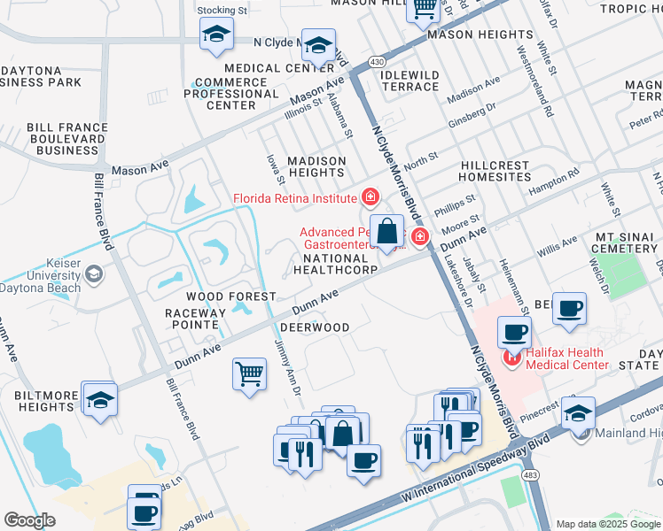 map of restaurants, bars, coffee shops, grocery stores, and more near 550 National Health Care Drive in Daytona Beach