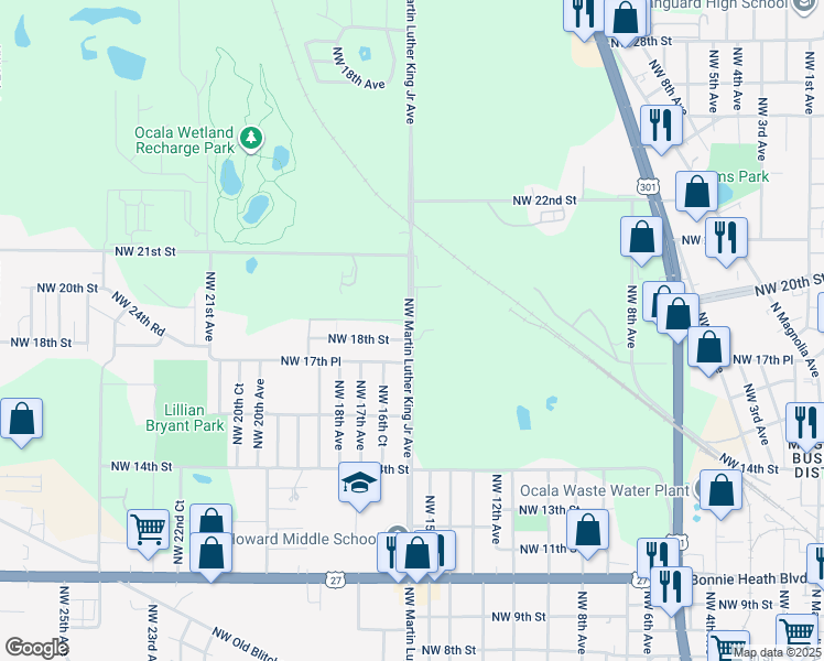 map of restaurants, bars, coffee shops, grocery stores, and more near 1414-1498 Northwest 18th Street in Ocala