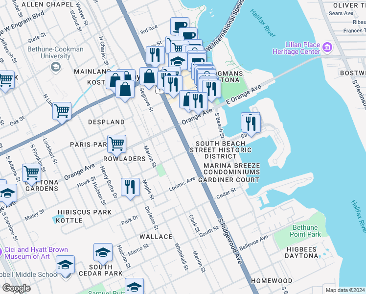 map of restaurants, bars, coffee shops, grocery stores, and more near 340 South Ridgewood Avenue in Daytona Beach