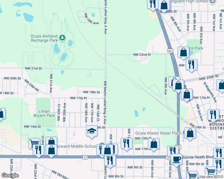 map of restaurants, bars, coffee shops, grocery stores, and more near 1414 Northwest 18th Street in Ocala