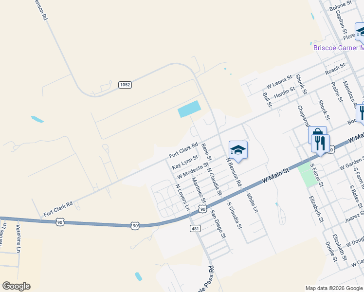 map of restaurants, bars, coffee shops, grocery stores, and more near 1204 Fort Clark Road in Uvalde