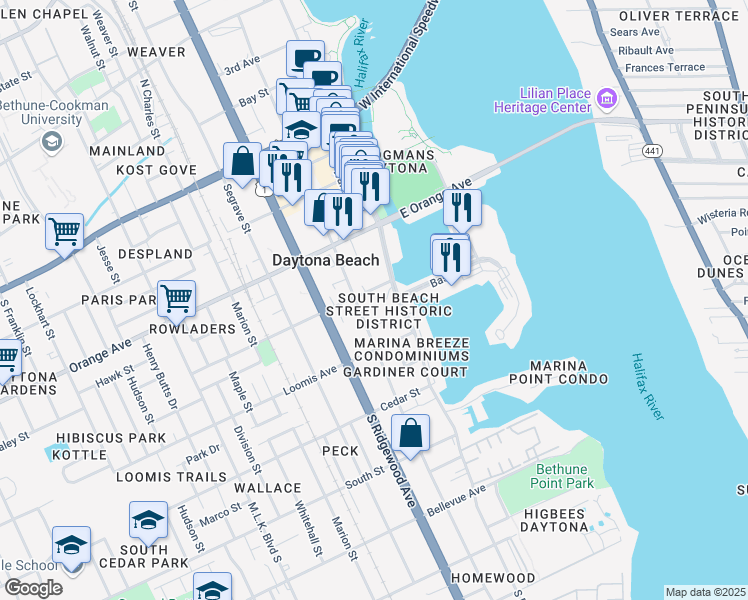 map of restaurants, bars, coffee shops, grocery stores, and more near 417 South Palmetto Avenue in Daytona Beach