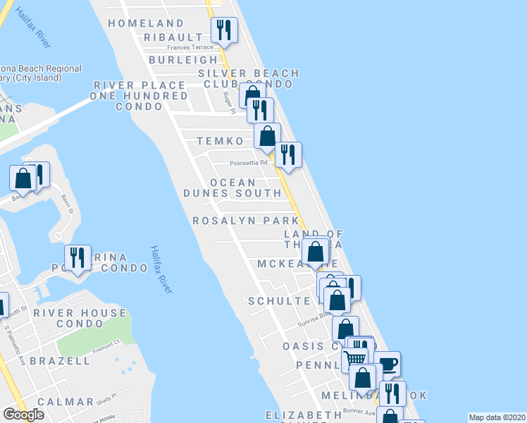 map of restaurants, bars, coffee shops, grocery stores, and more near 121 Rosalyn Avenue in Daytona Beach