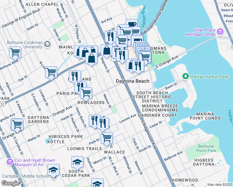 map of restaurants, bars, coffee shops, grocery stores, and more near 414 Live Oak Avenue in Daytona Beach