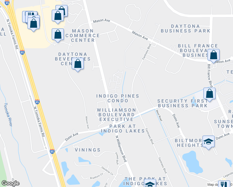 map of restaurants, bars, coffee shops, grocery stores, and more near 101 Bent Tree Drive in Daytona Beach