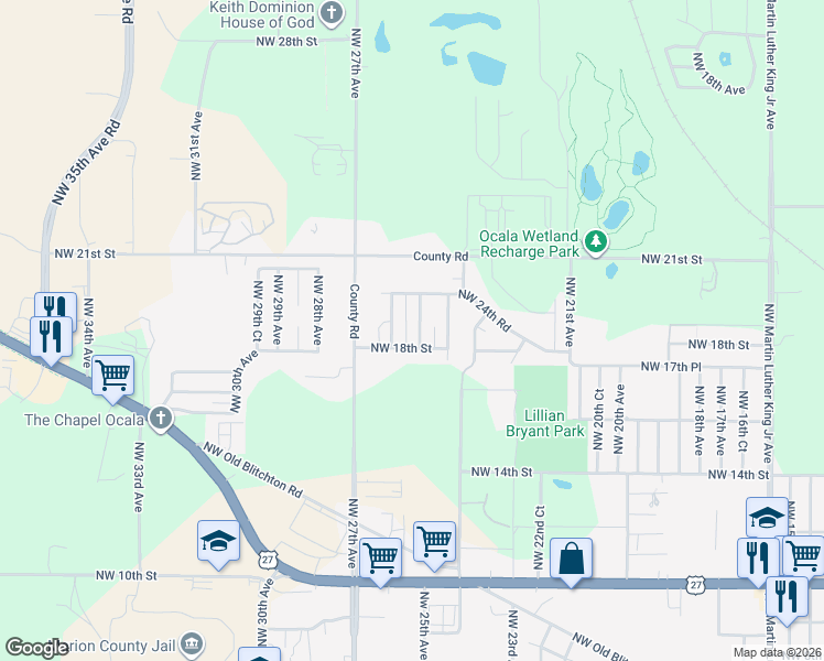map of restaurants, bars, coffee shops, grocery stores, and more near 2600 Northwest 18th Street in Ocala