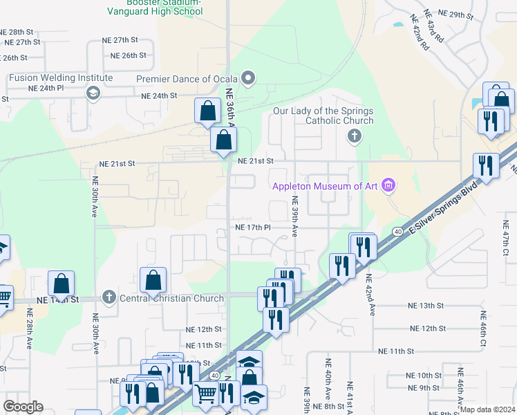 map of restaurants, bars, coffee shops, grocery stores, and more near 3822 Northeast 17th Street Circle in Ocala