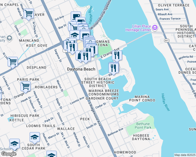 map of restaurants, bars, coffee shops, grocery stores, and more near in Daytona Beach