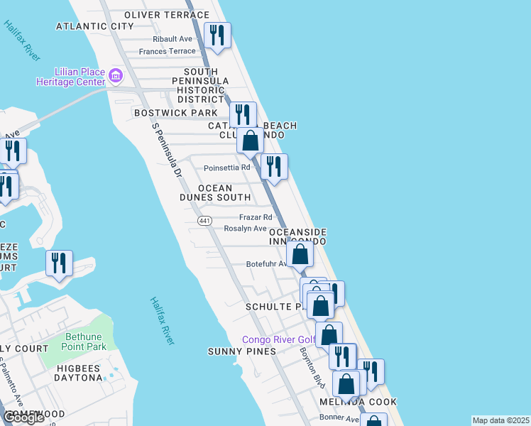 map of restaurants, bars, coffee shops, grocery stores, and more near 610 Ocean Dunes Road in Daytona Beach