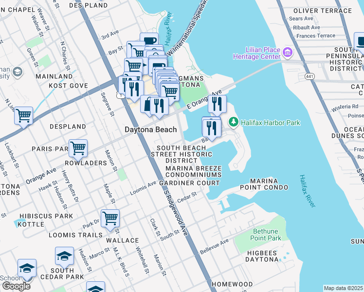 map of restaurants, bars, coffee shops, grocery stores, and more near in Daytona Beach