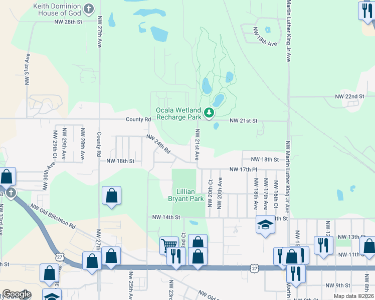 map of restaurants, bars, coffee shops, grocery stores, and more near 1846 Northwest 21st Court in Ocala