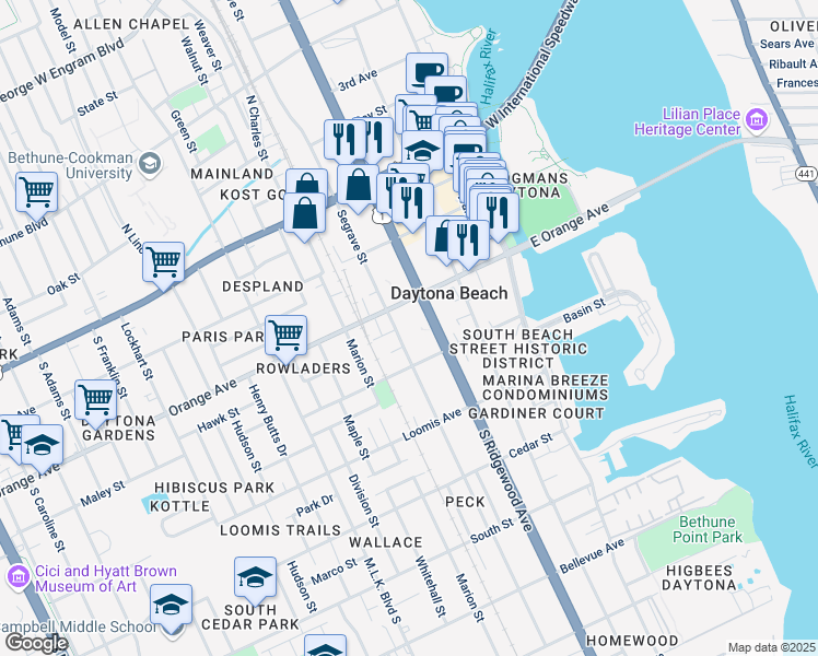 map of restaurants, bars, coffee shops, grocery stores, and more near 325 South Segrave Street in Daytona Beach