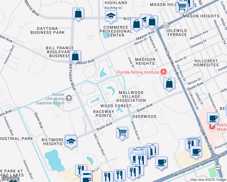map of restaurants, bars, coffee shops, grocery stores, and more near 600 Jimmy Ann Drive in Daytona Beach