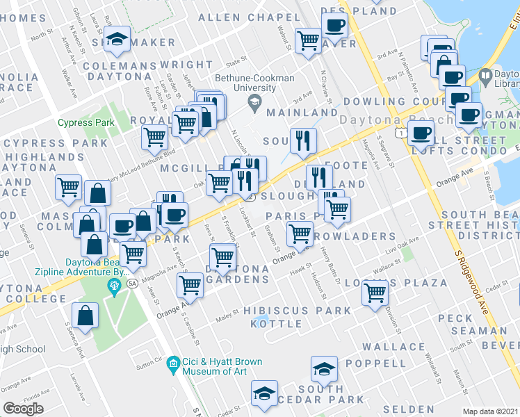 map of restaurants, bars, coffee shops, grocery stores, and more near 739 West International Speedway Boulevard in Daytona Beach