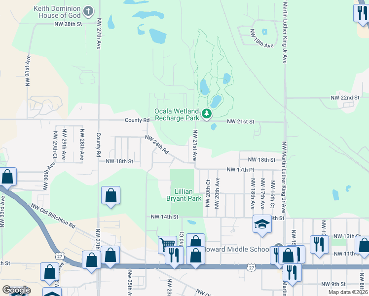 map of restaurants, bars, coffee shops, grocery stores, and more near 1846 Northwest 21st Court in Ocala