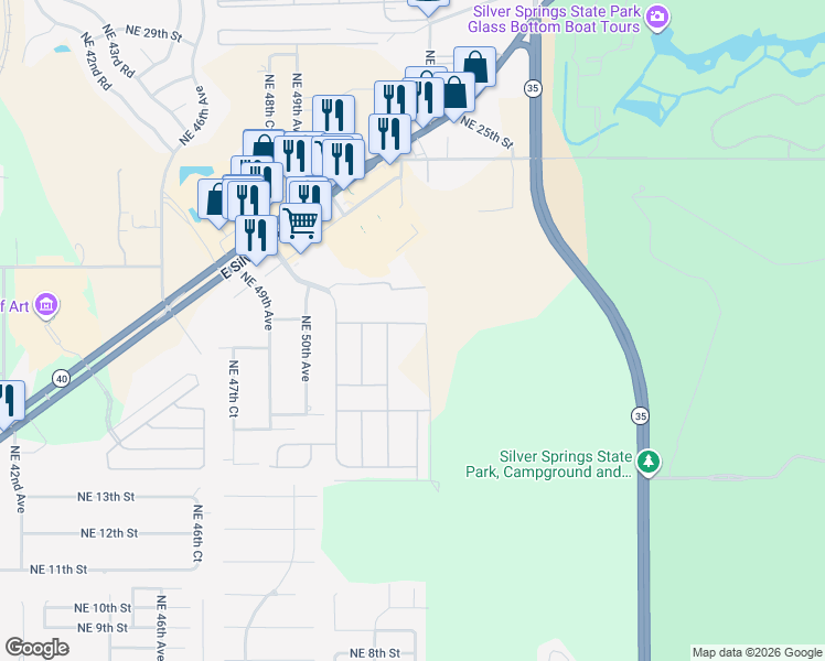 map of restaurants, bars, coffee shops, grocery stores, and more near 5225 Northeast 19th Place in Ocala