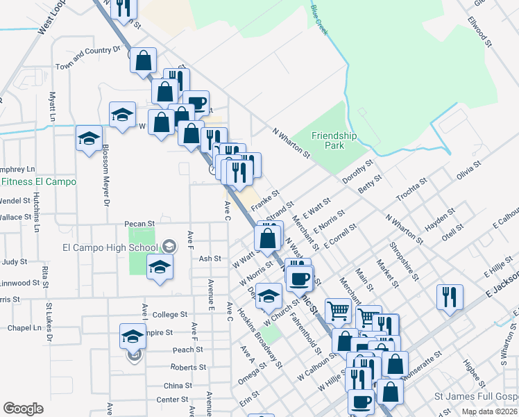 map of restaurants, bars, coffee shops, grocery stores, and more near 1110 North Washington Street in El Campo