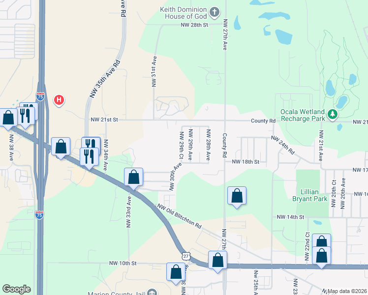 map of restaurants, bars, coffee shops, grocery stores, and more near 1915 Northwest 29th Avenue in Ocala
