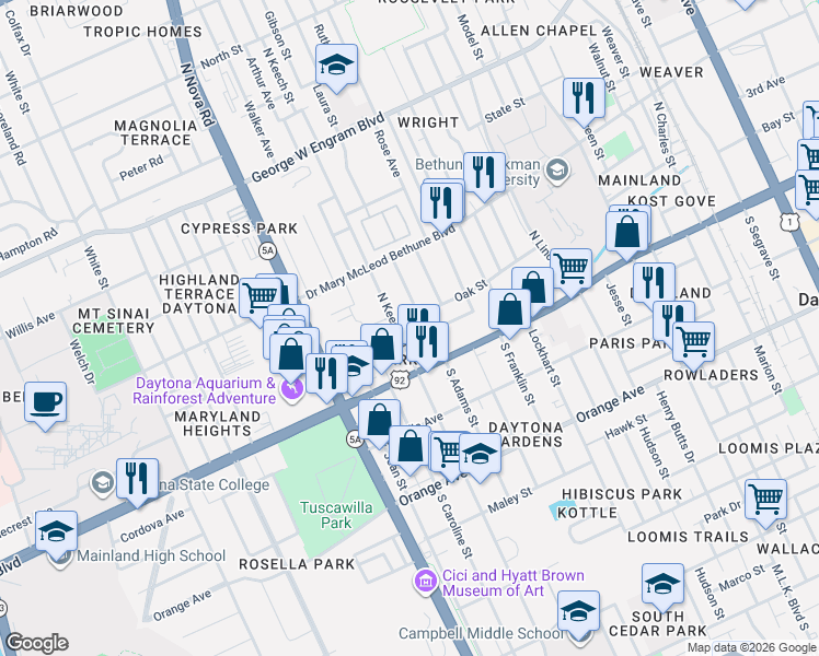 map of restaurants, bars, coffee shops, grocery stores, and more near 904 Oak Street in Daytona Beach