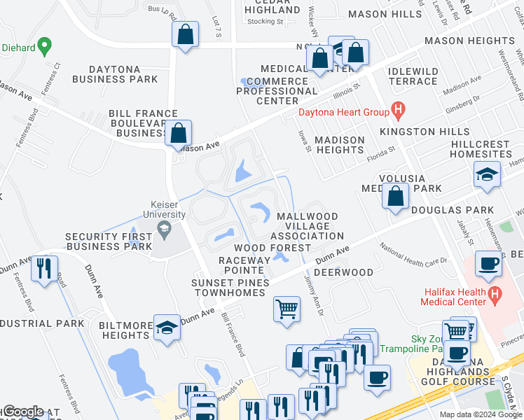 map of restaurants, bars, coffee shops, grocery stores, and more near 600 Jimmy Ann Drive in Daytona Beach