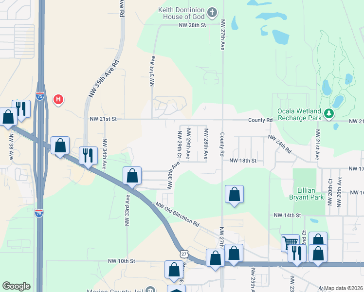 map of restaurants, bars, coffee shops, grocery stores, and more near 1915 Northwest 29th Avenue in Ocala