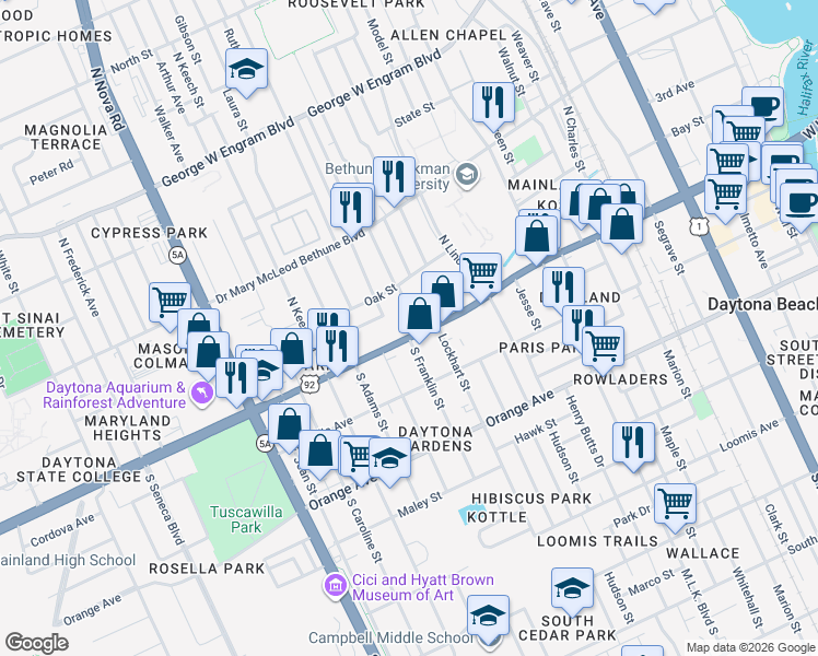 map of restaurants, bars, coffee shops, grocery stores, and more near 744 West International Speedway Boulevard in Daytona Beach