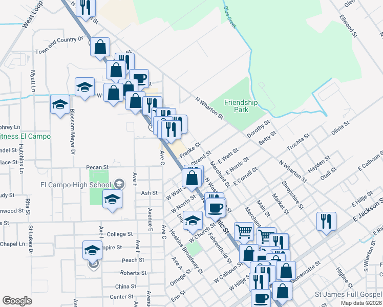 map of restaurants, bars, coffee shops, grocery stores, and more near 1110 North Washington Street in El Campo