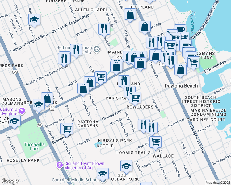 map of restaurants, bars, coffee shops, grocery stores, and more near 616 Magnolia Avenue in Daytona Beach