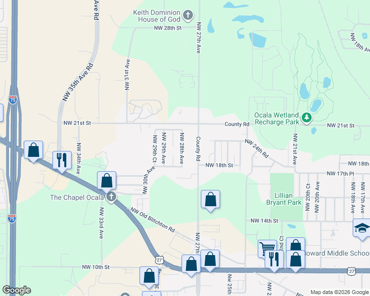 map of restaurants, bars, coffee shops, grocery stores, and more near 1921 Northwest 28th Avenue in Ocala