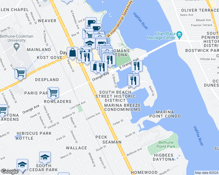 map of restaurants, bars, coffee shops, grocery stores, and more near 124 Live Oak Avenue in Daytona Beach