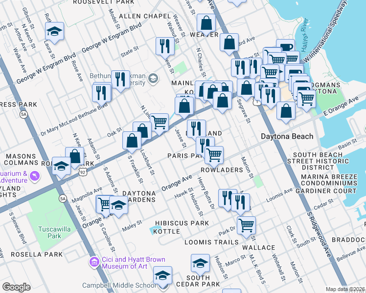 map of restaurants, bars, coffee shops, grocery stores, and more near 616 Magnolia Avenue in Daytona Beach