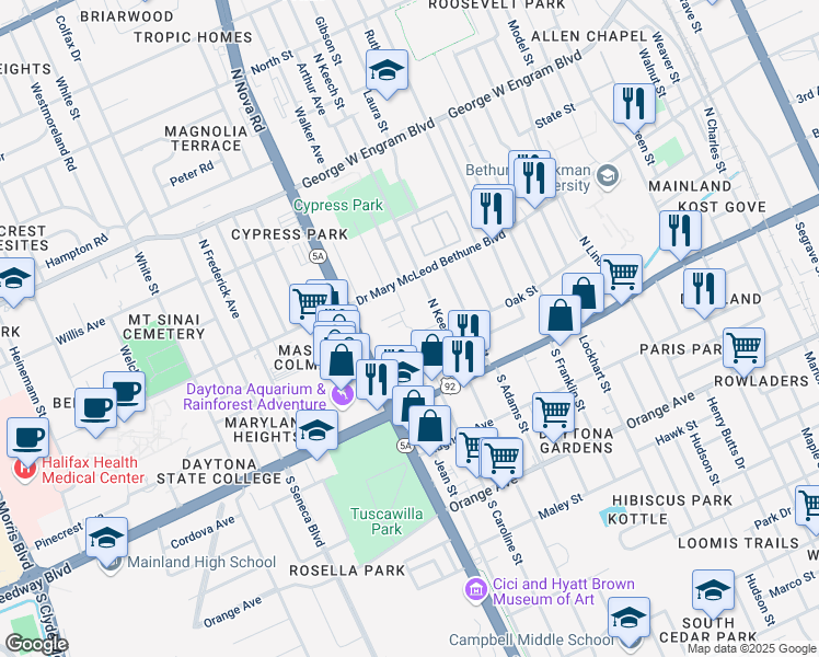 map of restaurants, bars, coffee shops, grocery stores, and more near 200 North Caralonia Street in Daytona Beach