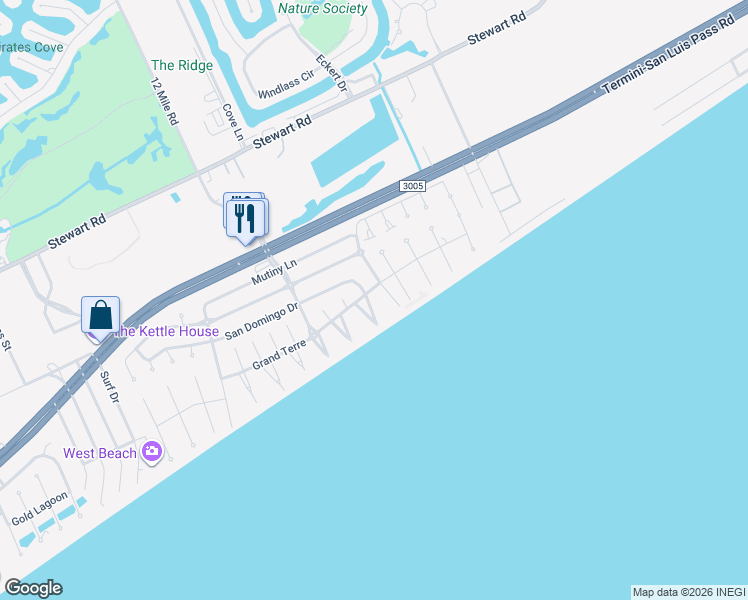 map of restaurants, bars, coffee shops, grocery stores, and more near 4207 Rageur Boulevard in Galveston