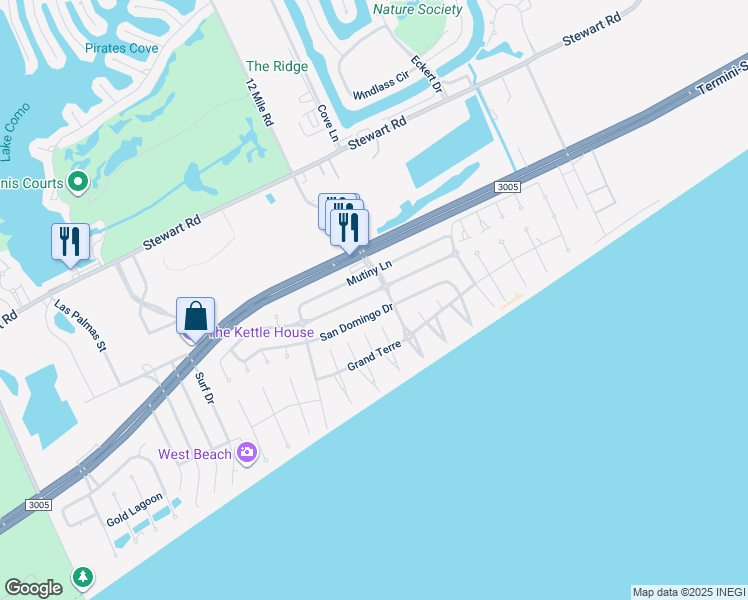 map of restaurants, bars, coffee shops, grocery stores, and more near 13711 Pirates Beach Boulevard in Galveston