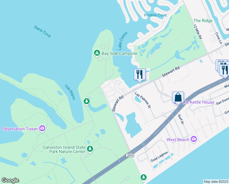 map of restaurants, bars, coffee shops, grocery stores, and more near 14510 McKenna Street in Galveston