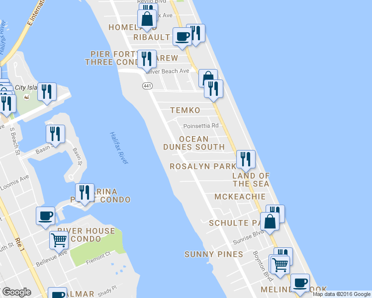 map of restaurants, bars, coffee shops, grocery stores, and more near 1709 Florida 441 in Daytona Beach