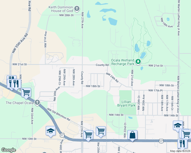 map of restaurants, bars, coffee shops, grocery stores, and more near 1905 Northwest 26th Avenue in Ocala