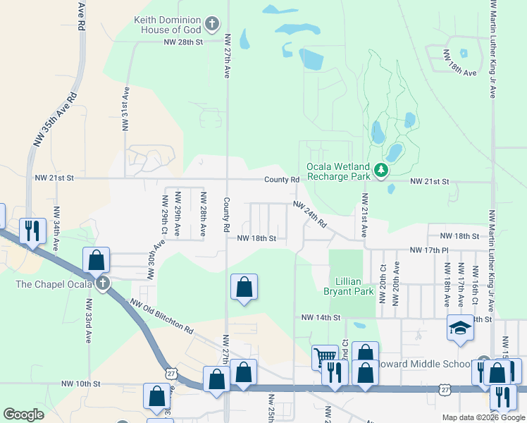 map of restaurants, bars, coffee shops, grocery stores, and more near 1905 Northwest 26th Avenue in Ocala