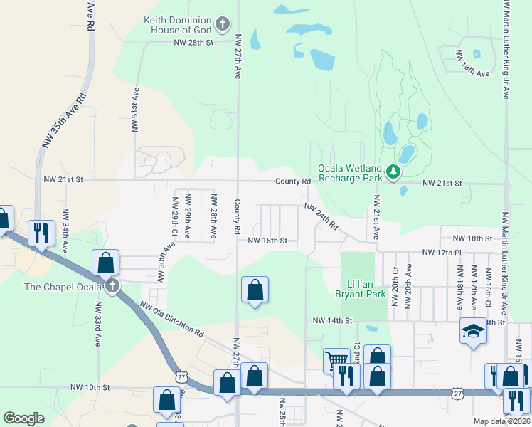 map of restaurants, bars, coffee shops, grocery stores, and more near 1905 Northwest 26th Avenue in Ocala