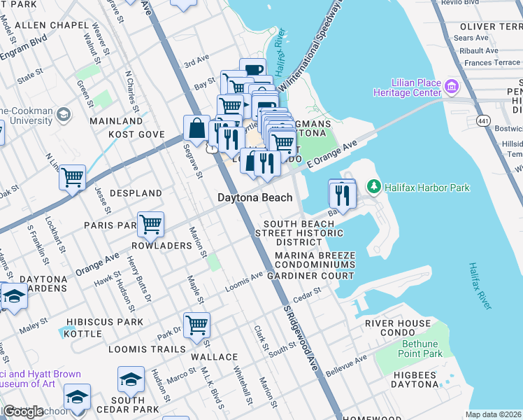 map of restaurants, bars, coffee shops, grocery stores, and more near in Daytona Beach
