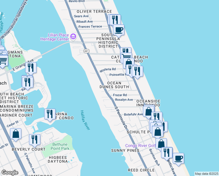 map of restaurants, bars, coffee shops, grocery stores, and more near 1709 Florida 441 in Daytona Beach