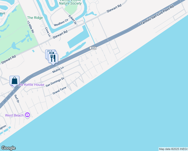 map of restaurants, bars, coffee shops, grocery stores, and more near 4226 Fiddler Crab Lane in Galveston